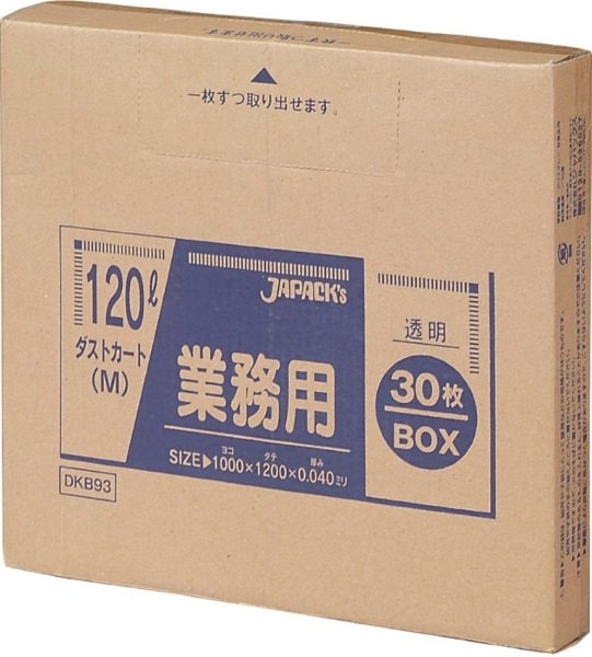 画像1: ジャパックス 業務用 大型 ダストカート(M) ゴミ袋 BOXタイプ 透明 120L DKB93 1ケース180枚入り ※別途送料 ※沖縄・離島地域配送不可 (1)