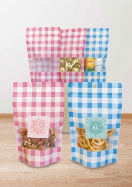 画像1: ベリーパック(富士カガク) バリアー性 フック穴 チャック付き チェック柄(青) スタンド袋 小ロットタイプ BCJ-1 1ケース500枚入り ※個人宅別途送料 (1)